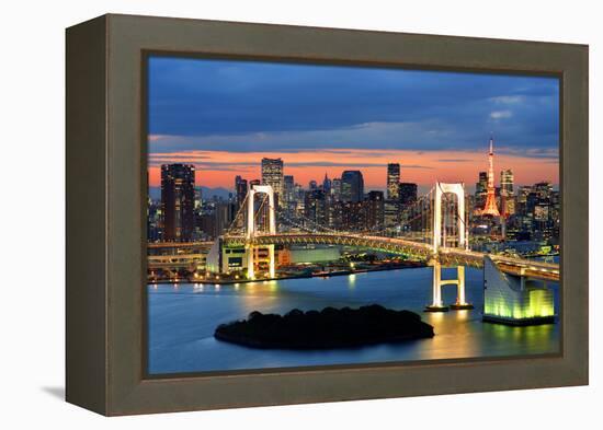 Rainbow Bridge Spanning Tokyo Bay with Tokyo Tower Visible in the Background.-SeanPavonePhoto-Framed Premier Image Canvas