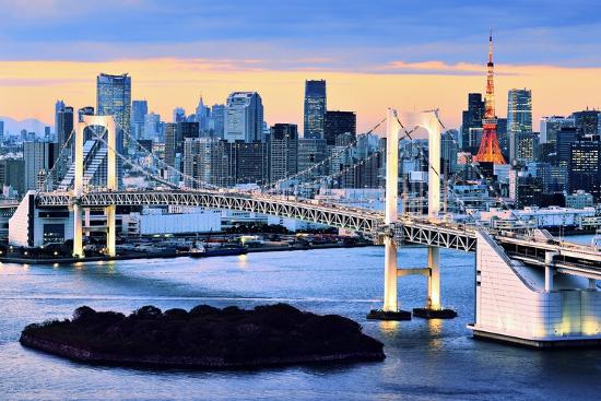 Rainbow Bridge Spanning Tokyo Bay With Tokyo Tower Visible In The