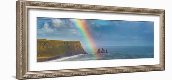 Rainbow over basalt sea stacks, Iceland-null-Framed Photographic Print