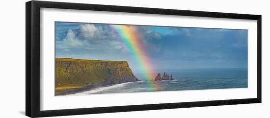 Rainbow over basalt sea stacks, Iceland-null-Framed Photographic Print
