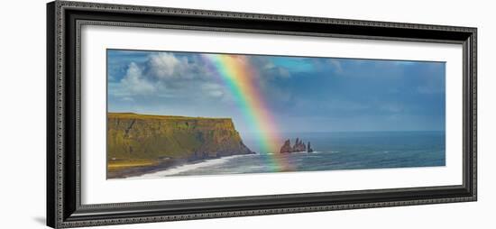 Rainbow over basalt sea stacks, Iceland-null-Framed Photographic Print