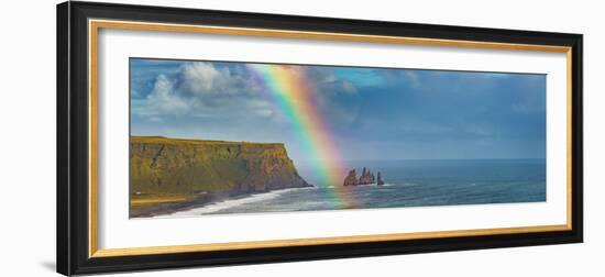 Rainbow over basalt sea stacks, Iceland-null-Framed Photographic Print