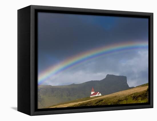 Rainbow over Church, Vik, Iceland-Peter Adams-Framed Premier Image Canvas