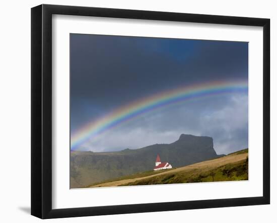 Rainbow over Church, Vik, Iceland-Peter Adams-Framed Photographic Print