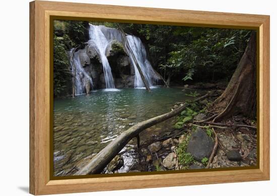 Rainforest waterfall, Batenta Island, Raja Ampat, Western Papua, Indonesian New Guinea-Staffan Widstrand-Framed Premier Image Canvas