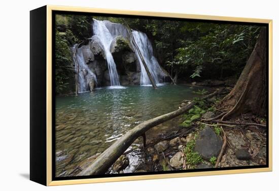 Rainforest waterfall, Batenta Island, Raja Ampat, Western Papua, Indonesian New Guinea-Staffan Widstrand-Framed Premier Image Canvas