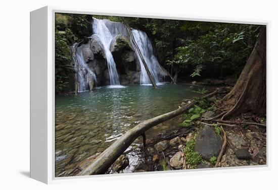 Rainforest waterfall, Batenta Island, Raja Ampat, Western Papua, Indonesian New Guinea-Staffan Widstrand-Framed Premier Image Canvas