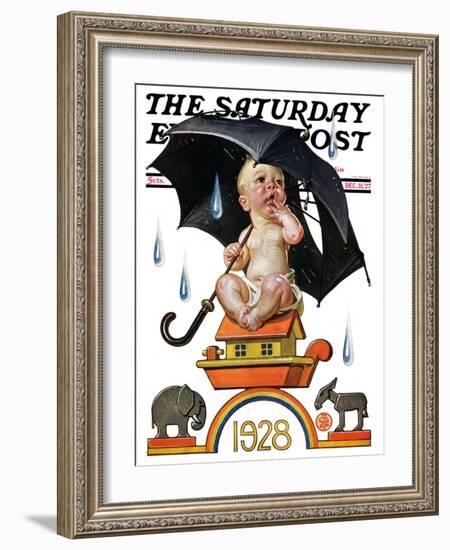 "Raining on Baby New Year," Saturday Evening Post Cover, December 31, 1927-Joseph Christian Leyendecker-Framed Giclee Print