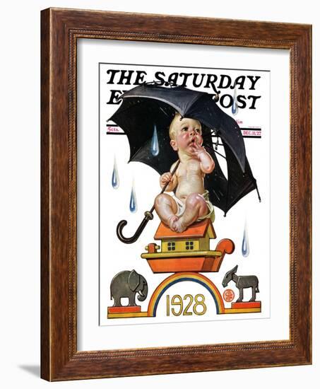 "Raining on Baby New Year," Saturday Evening Post Cover, December 31, 1927-Joseph Christian Leyendecker-Framed Giclee Print