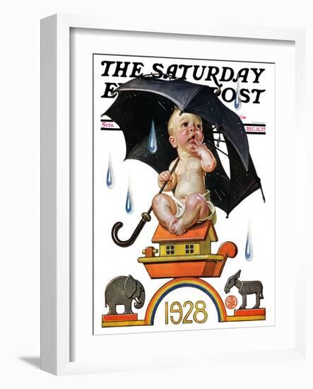 "Raining on Baby New Year," Saturday Evening Post Cover, December 31, 1927-Joseph Christian Leyendecker-Framed Giclee Print
