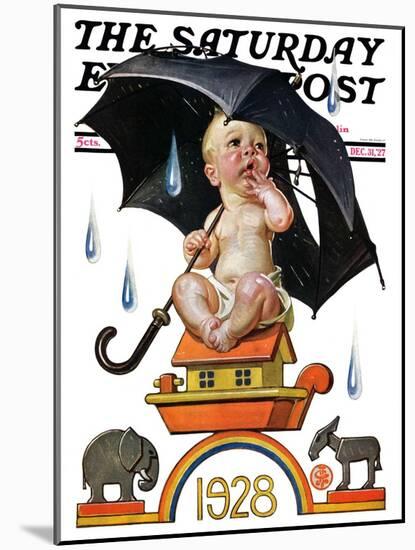 "Raining on Baby New Year," Saturday Evening Post Cover, December 31, 1927-Joseph Christian Leyendecker-Mounted Giclee Print