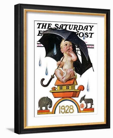 "Raining on Baby New Year," Saturday Evening Post Cover, December 31, 1927-Joseph Christian Leyendecker-Framed Giclee Print