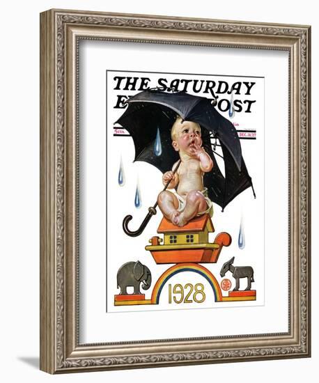 "Raining on Baby New Year," Saturday Evening Post Cover, December 31, 1927-Joseph Christian Leyendecker-Framed Giclee Print