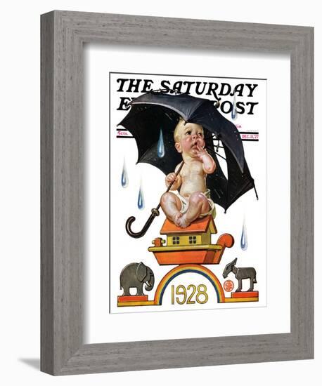 "Raining on Baby New Year," Saturday Evening Post Cover, December 31, 1927-Joseph Christian Leyendecker-Framed Giclee Print