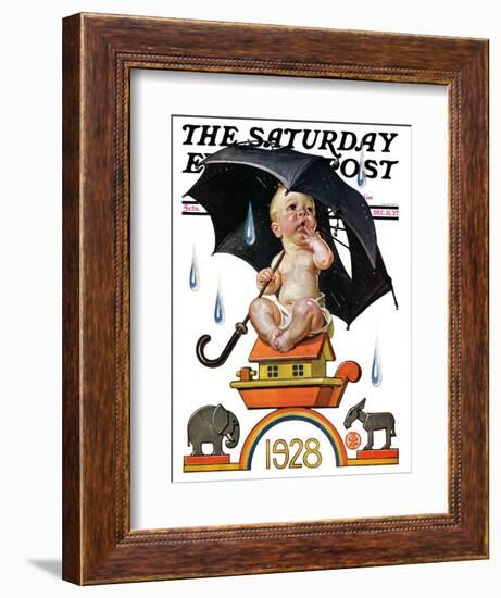 "Raining on Baby New Year," Saturday Evening Post Cover, December 31, 1927-Joseph Christian Leyendecker-Framed Giclee Print