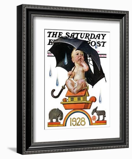 "Raining on Baby New Year," Saturday Evening Post Cover, December 31, 1927-Joseph Christian Leyendecker-Framed Giclee Print