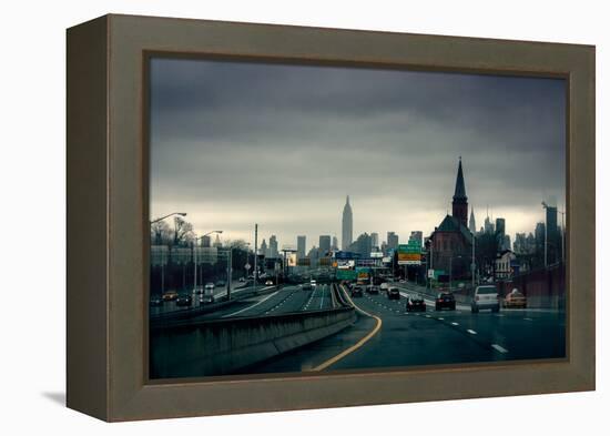 Rainy View of Manhattan from Long Island Expressway-null-Framed Stretched Canvas