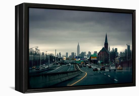 Rainy View of Manhattan from Long Island Expressway-null-Framed Stretched Canvas