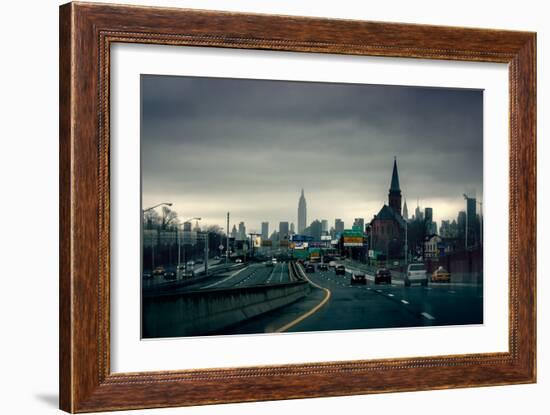 Rainy View of Manhattan from Long Island Expressway-null-Framed Photo