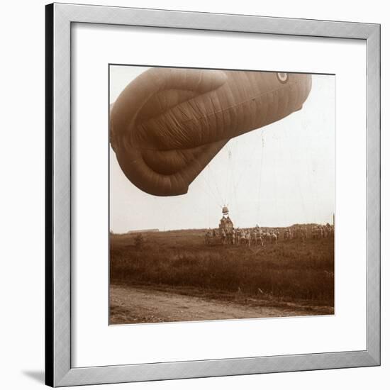 Raising of barrage balloon with basket for observation, c1914-c1918-Unknown-Framed Photographic Print