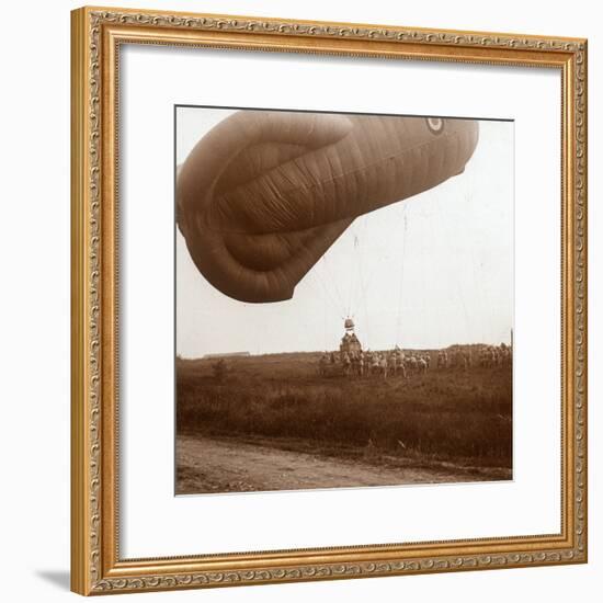 Raising of barrage balloon with basket for observation, c1914-c1918-Unknown-Framed Photographic Print