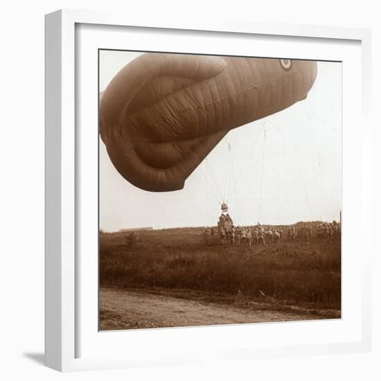 Raising of barrage balloon with basket for observation, c1914-c1918-Unknown-Framed Photographic Print