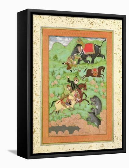 Rajput Princes Hunting Bears, Mahout and Elephant Rescue Fallen Horseman from Tiger-null-Framed Premier Image Canvas