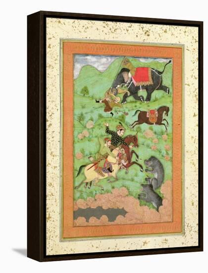 Rajput Princes Hunting Bears, Mahout and Elephant Rescue Fallen Horseman from Tiger-null-Framed Premier Image Canvas