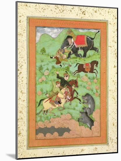 Rajput Princes Hunting Bears, Mahout and Elephant Rescue Fallen Horseman from Tiger-null-Mounted Giclee Print