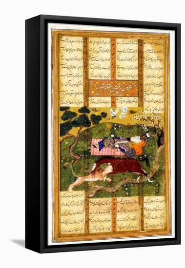 Rakhsh Kills An Attacking Lion While Rustam Sleeps. From the Shahnama (Book of Kings)-null-Framed Premier Image Canvas