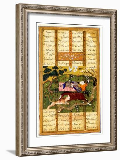 Rakhsh Kills An Attacking Lion While Rustam Sleeps. From the Shahnama (Book of Kings)-null-Framed Giclee Print