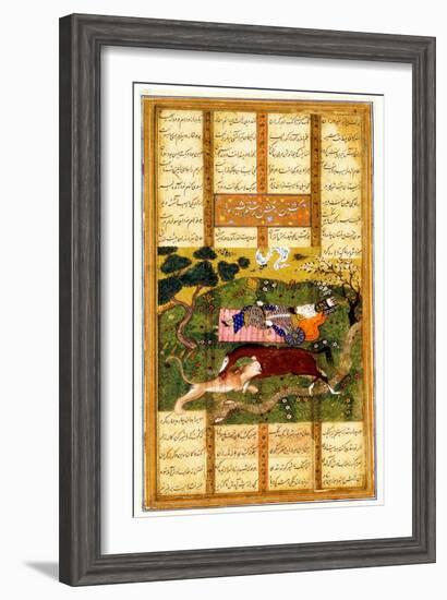 Rakhsh Kills An Attacking Lion While Rustam Sleeps. From the Shahnama (Book of Kings)-null-Framed Giclee Print