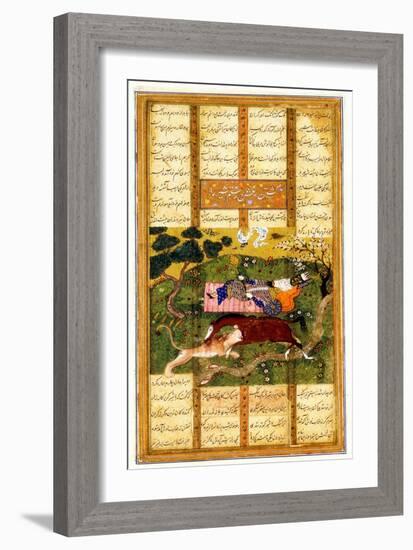 Rakhsh Kills An Attacking Lion While Rustam Sleeps. From the Shahnama (Book of Kings)-null-Framed Giclee Print