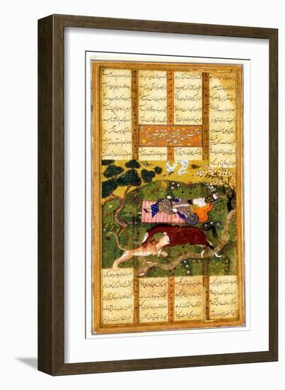 Rakhsh Kills An Attacking Lion While Rustam Sleeps. From the Shahnama (Book of Kings)-null-Framed Giclee Print