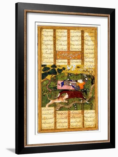 Rakhsh Kills An Attacking Lion While Rustam Sleeps. From the Shahnama (Book of Kings)-null-Framed Giclee Print