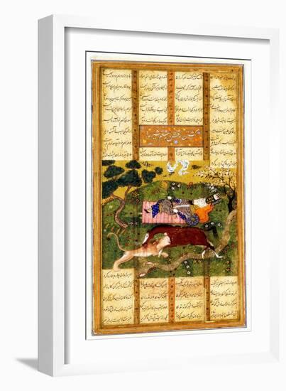 Rakhsh Kills An Attacking Lion While Rustam Sleeps. From the Shahnama (Book of Kings)-null-Framed Giclee Print