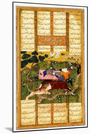 Rakhsh Kills An Attacking Lion While Rustam Sleeps. From the Shahnama (Book of Kings)-null-Mounted Giclee Print