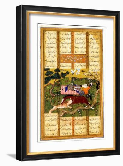 Rakhsh Kills An Attacking Lion While Rustam Sleeps. From the Shahnama (Book of Kings)-null-Framed Giclee Print