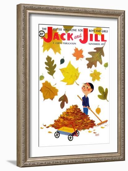 Raking Leaves - Jack and Jill, November 1957-RVS-Framed Giclee Print