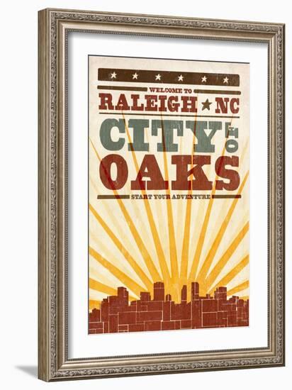 Raleigh, North Carolina - Skyline and Sunburst Screenprint Style-Lantern Press-Framed Art Print