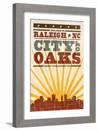 Raleigh, North Carolina - Skyline and Sunburst Screenprint Style-Lantern Press-Framed Art Print