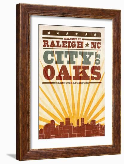 Raleigh, North Carolina - Skyline and Sunburst Screenprint Style-Lantern Press-Framed Art Print