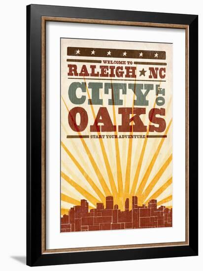 Raleigh, North Carolina - Skyline and Sunburst Screenprint Style-Lantern Press-Framed Art Print