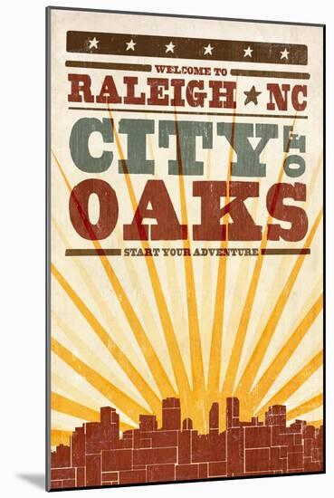 Raleigh, North Carolina - Skyline and Sunburst Screenprint Style-Lantern Press-Mounted Art Print