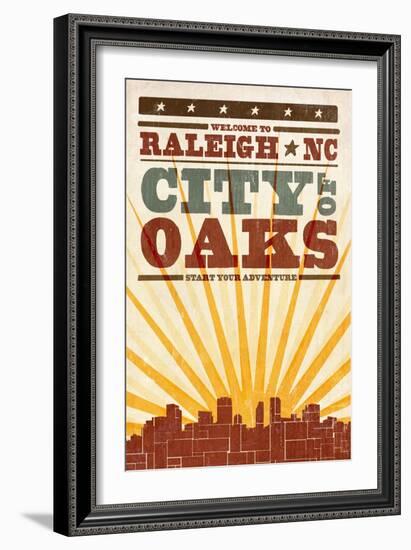 Raleigh, North Carolina - Skyline and Sunburst Screenprint Style-Lantern Press-Framed Art Print