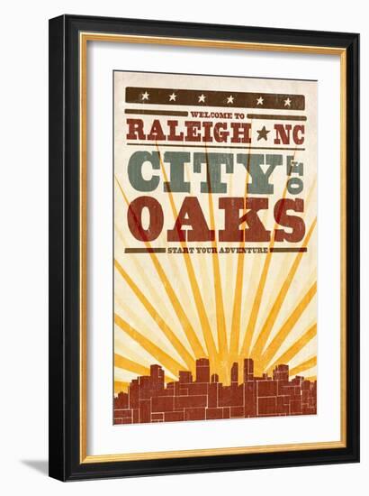 Raleigh, North Carolina - Skyline and Sunburst Screenprint Style-Lantern Press-Framed Art Print