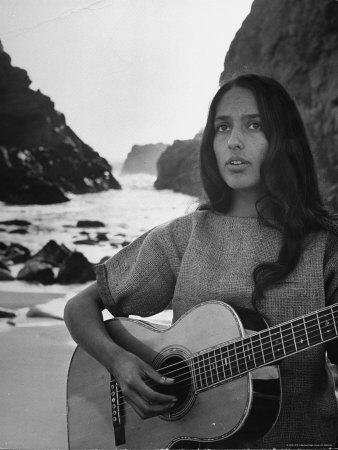 Folk Singer Joan Baez on the Beach with Guitar Near Her Home