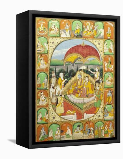 Rama and Sita Enthroned, Worshipped by Shiva, Hanuman and Others, 1800-20 (Gouache)-null-Framed Premier Image Canvas