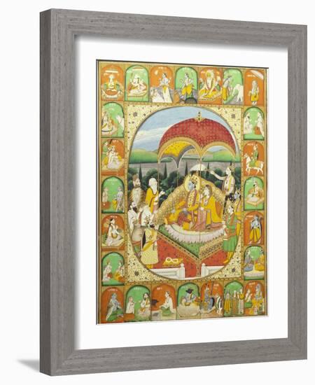 Rama and Sita Enthroned, Worshipped by Shiva, Hanuman and Others, 1800-20 (Gouache)-null-Framed Giclee Print