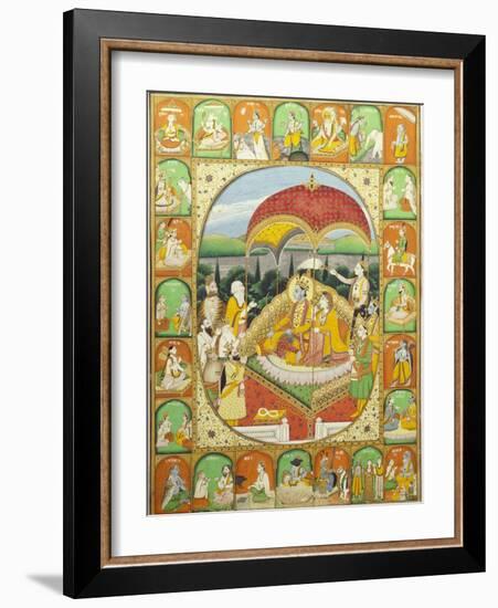 Rama and Sita Enthroned, Worshipped by Shiva, Hanuman and Others, 1800-20 (Gouache)-null-Framed Giclee Print